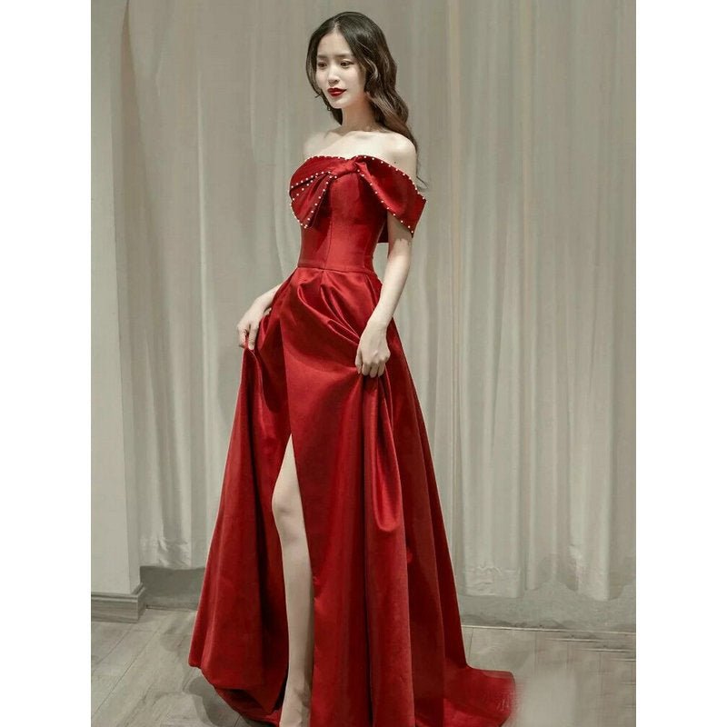 French Satin Ladies Banquet Temperament Wedding Evening Dress - Luzilly Bridal & Apparel