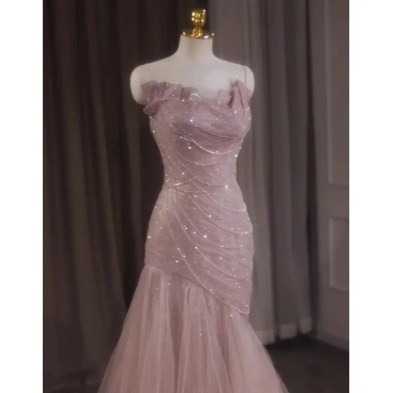 French-Style Pink Sequin Mermaid Wedding Dress with Lace-Up Back - Luzilly Bridal & Apparel