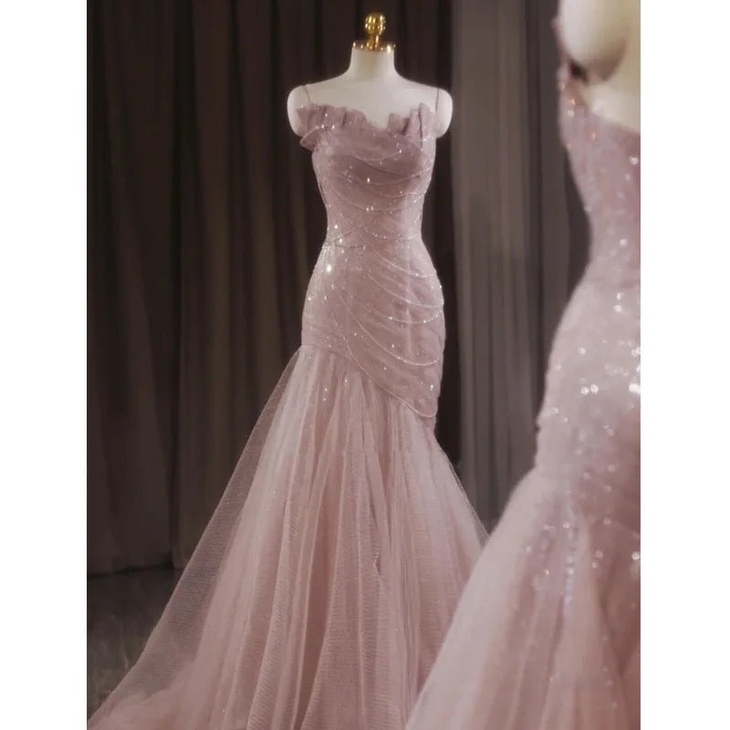 French-Style Pink Sequin Mermaid Wedding Dress with Lace-Up Back - Luzilly Bridal & Apparel
