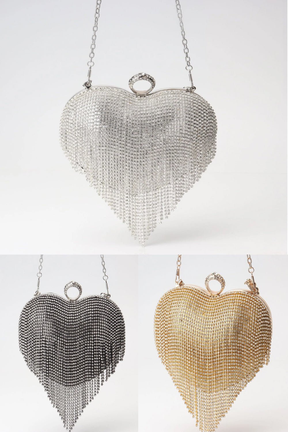 Fringed Rhinestone Bag, Birthday Party purse, Heart Shape Dinner Bag evening Clutch Purse Party, Prom Bag, Party Purse, Prom Bags Clutch, Wedding Purse Crossbody Chain - Luzilly Bridal & Apparel