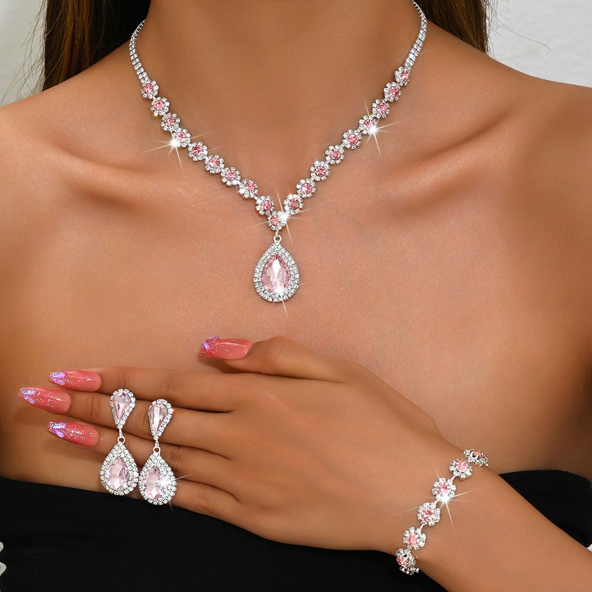Full-Crystal Three-Piece Bridal Jewelry Set - Luzilly Bridal & Apparel