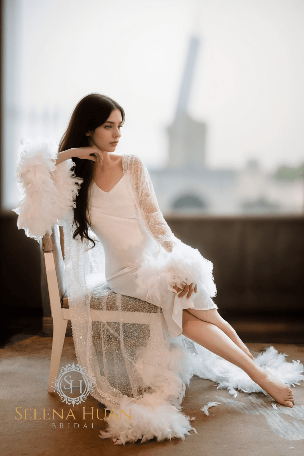 Full Goose Feather sequin mesh long robe dress white ivory - Luzilly Bridal & Apparel