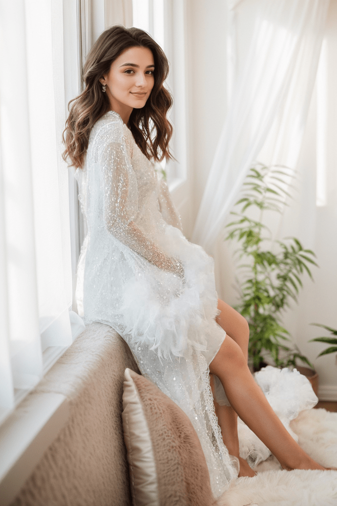 Full Goose Feather sequin mesh long robe dress white ivory - Luzilly Bridal & Apparel