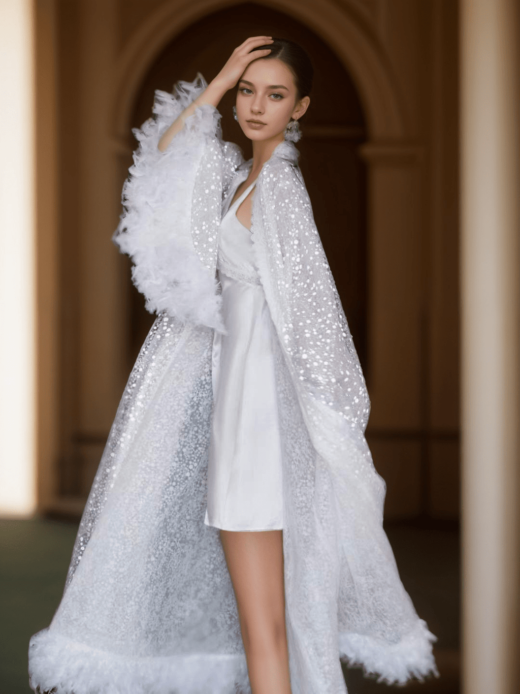 Full Goose Feather sequin mesh long robe dress white ivory - Luzilly Bridal & Apparel