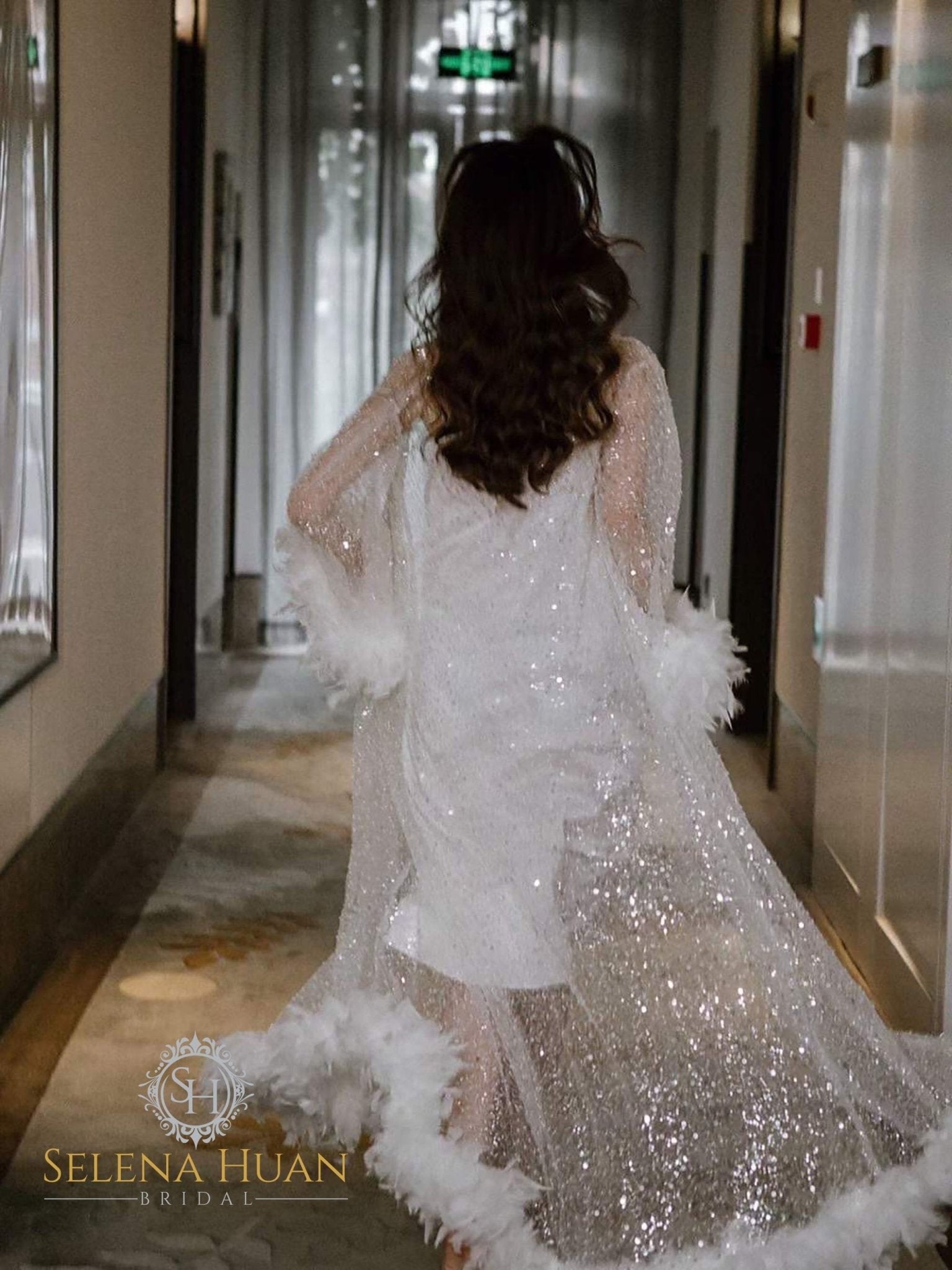 Full Goose Feather sequin mesh long robe dress white ivory - Luzilly Bridal & Apparel