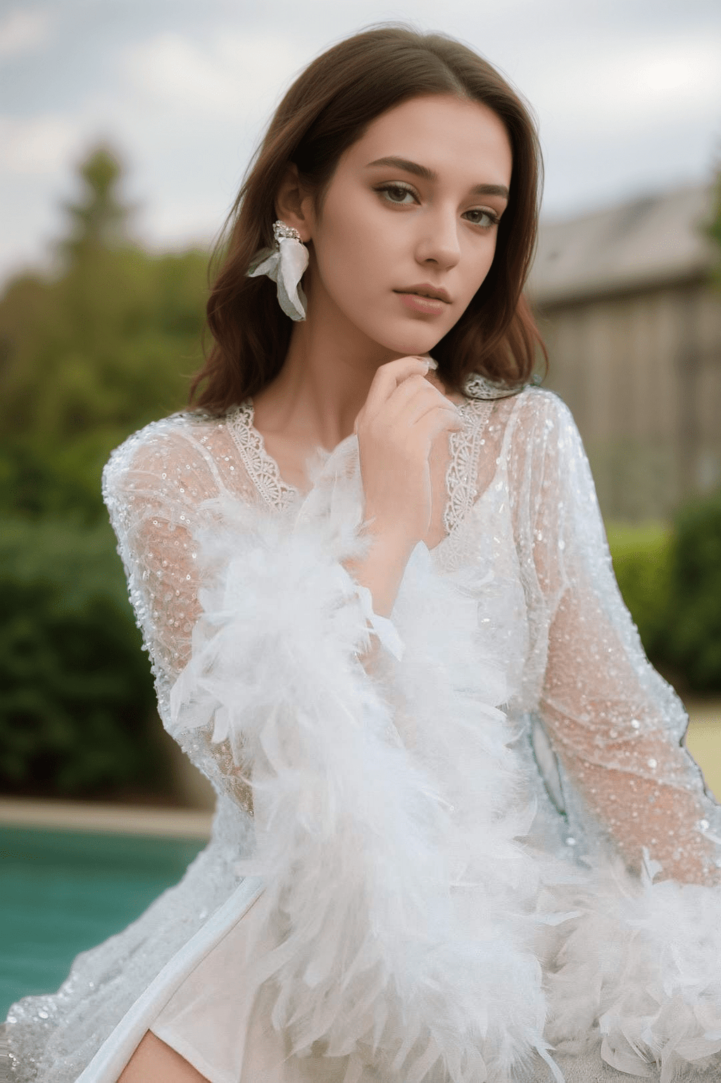 Full Goose Feather sequin mesh long robe dress white ivory - Luzilly Bridal & Apparel