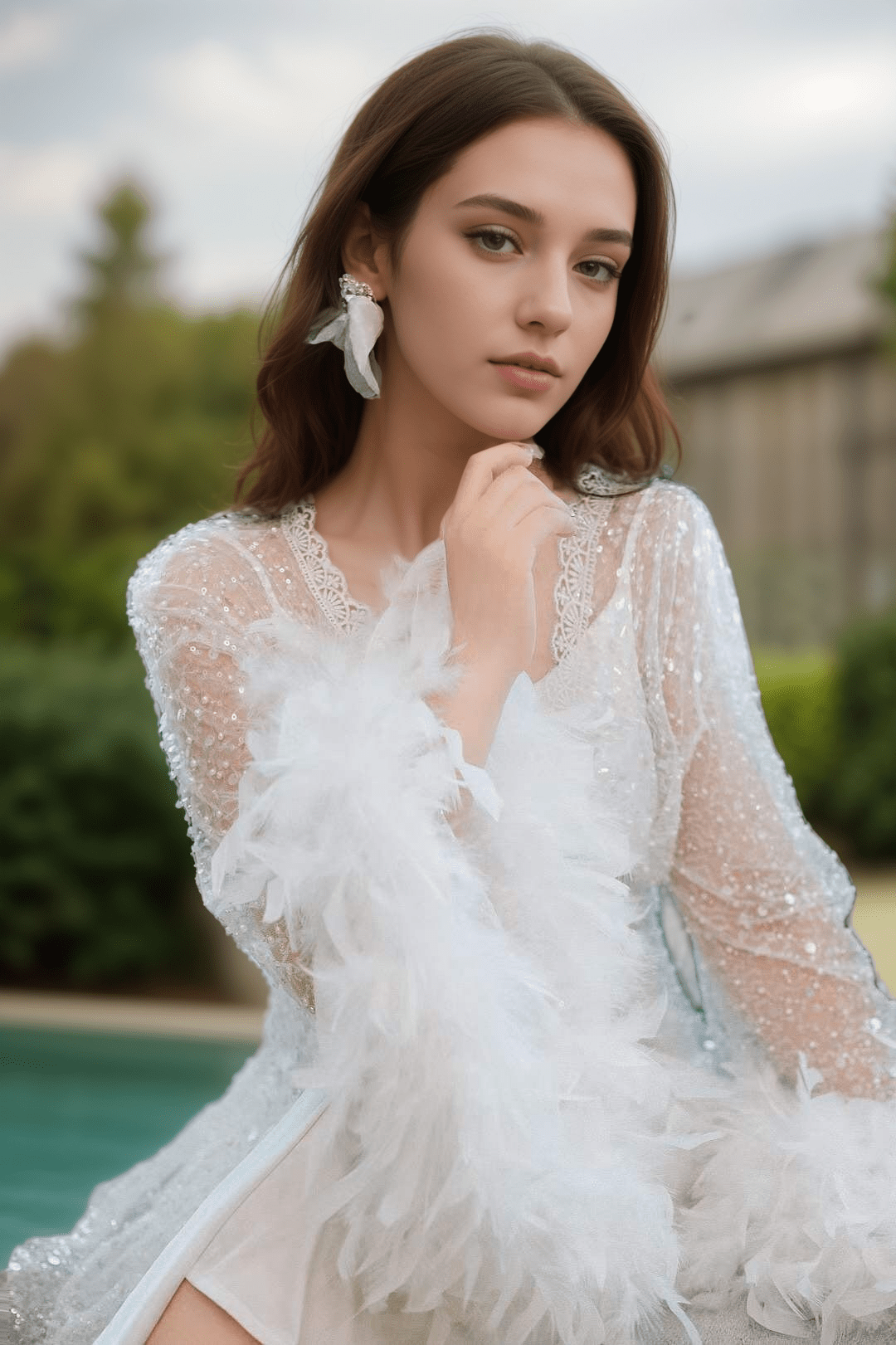 Full Goose Feather sequin mesh long robe dress white ivory - Luzilly Bridal & Apparel