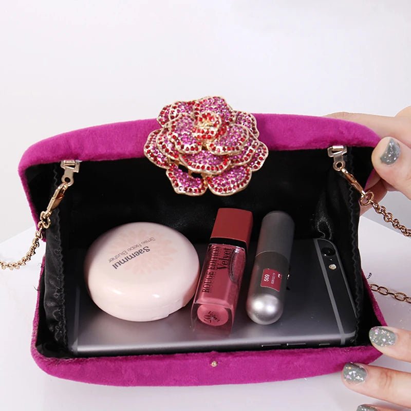 Fuzzy Corduroy Clutch with Diamond Flower - Luzilly Bridal & Apparel