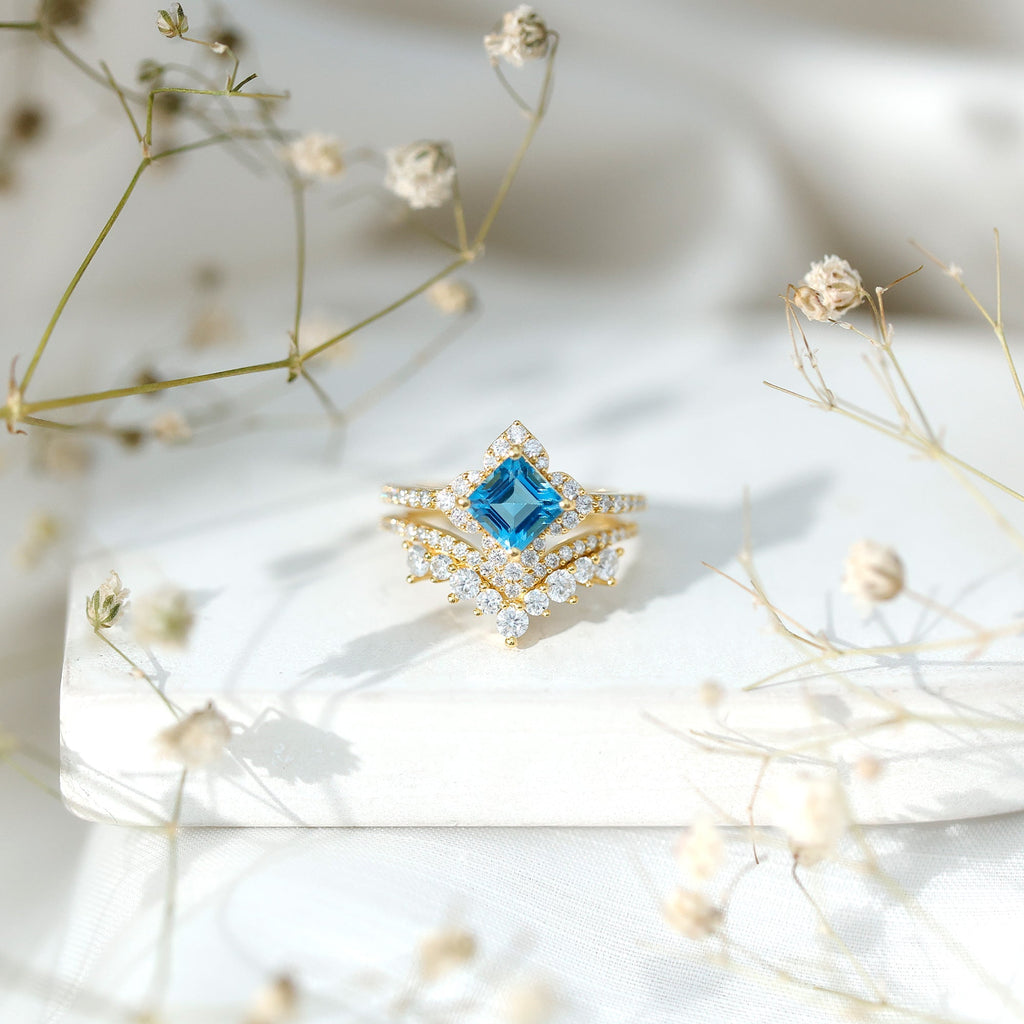 Genuine Princess Cut Swiss Blue Topaz Floral Wedding Ring Set in Silver - Luzilly Bridal & Apparel