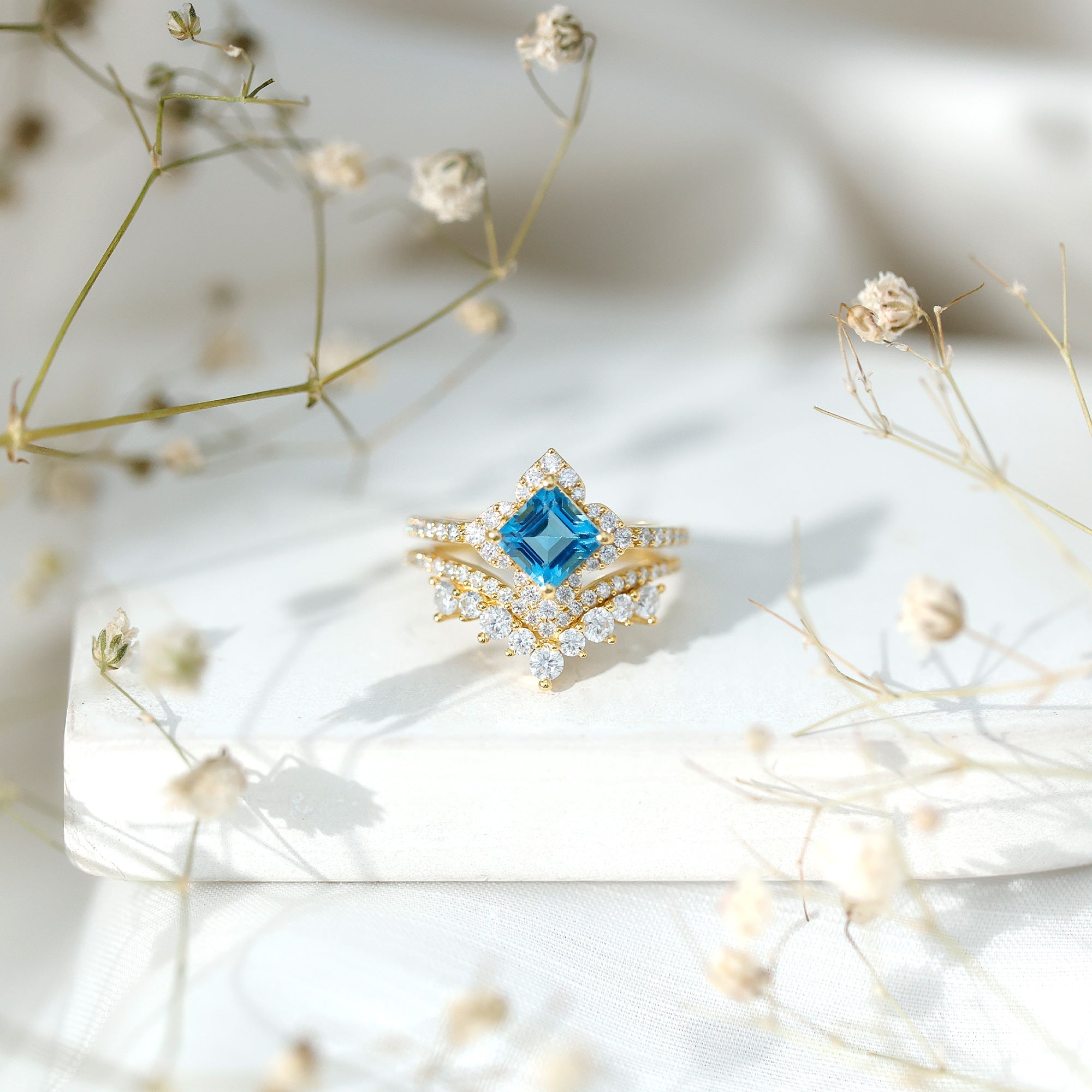 Genuine Princess Cut Swiss Blue Topaz Floral Wedding Ring Set in Silver - Luzilly Bridal & Apparel