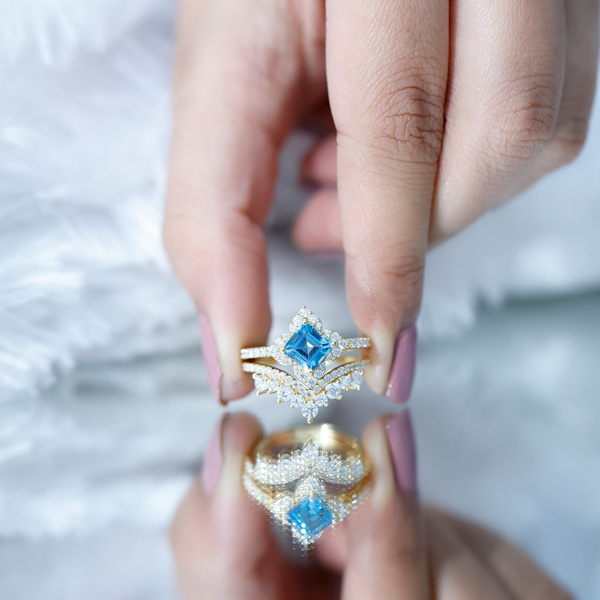 Genuine Princess Cut Swiss Blue Topaz Floral Wedding Ring Set in Silver - Luzilly Bridal & Apparel