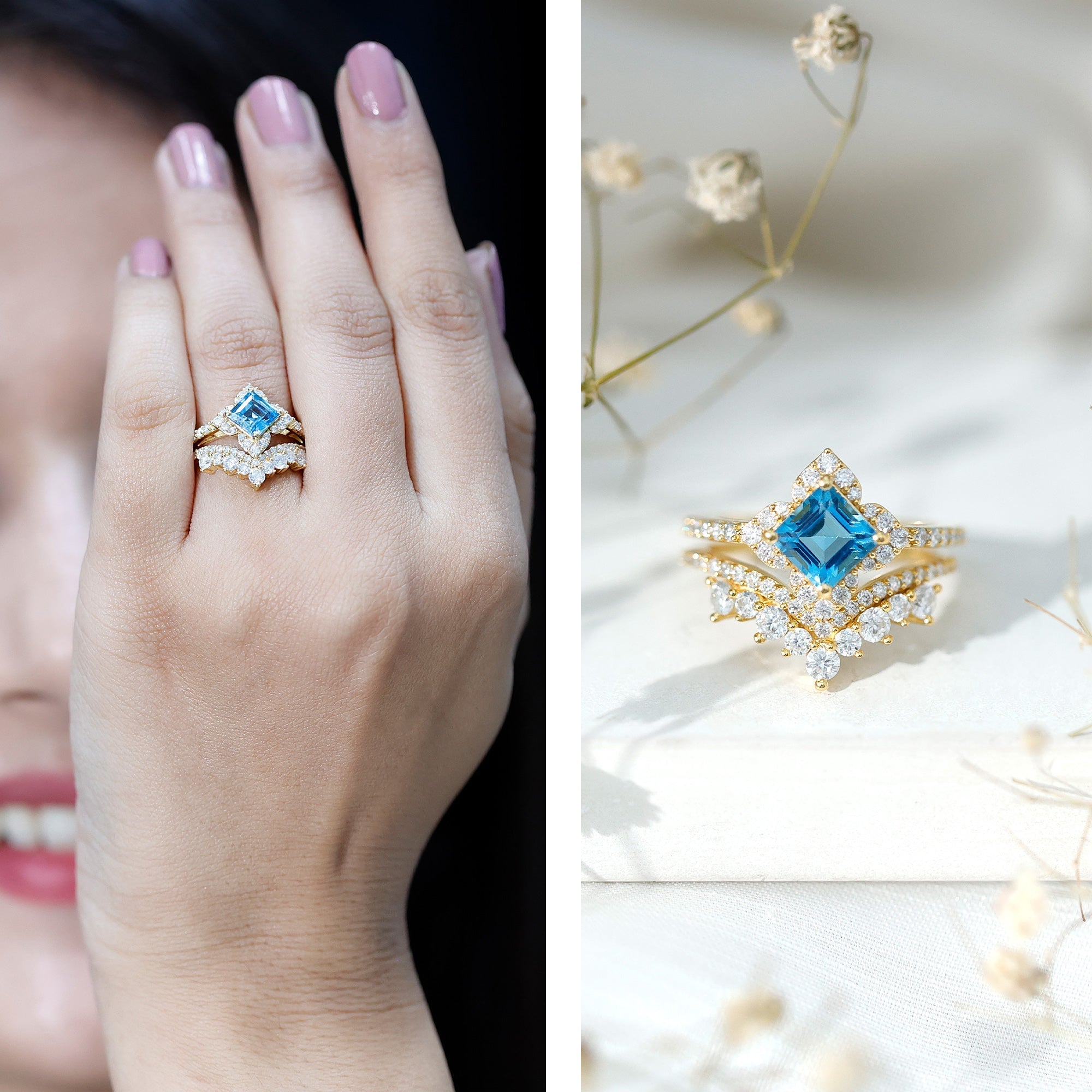 Genuine Princess Cut Swiss Blue Topaz Floral Wedding Ring Set in Silver - Luzilly Bridal & Apparel