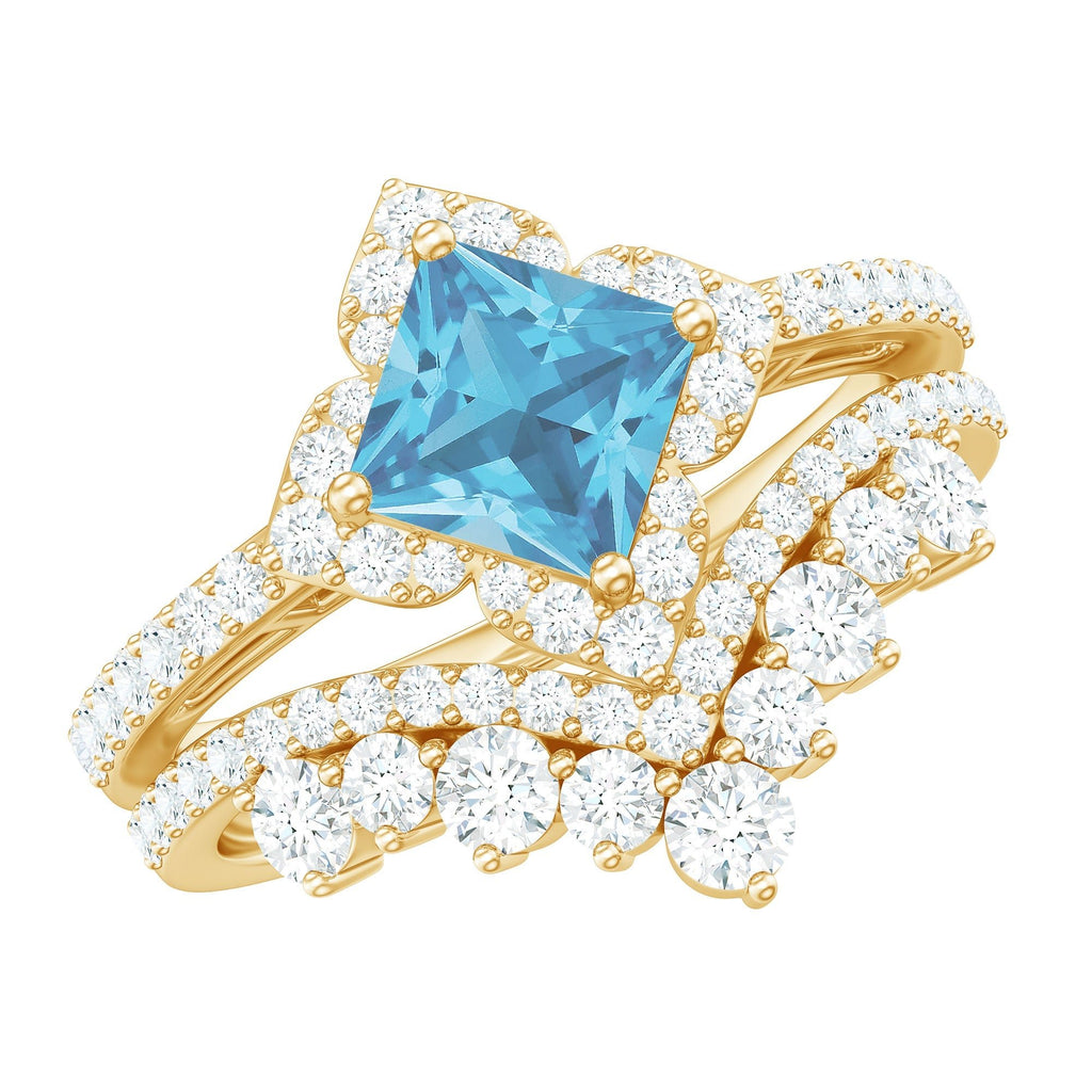 Genuine Princess Cut Swiss Blue Topaz Floral Wedding Ring Set in Silver - Luzilly Bridal & Apparel