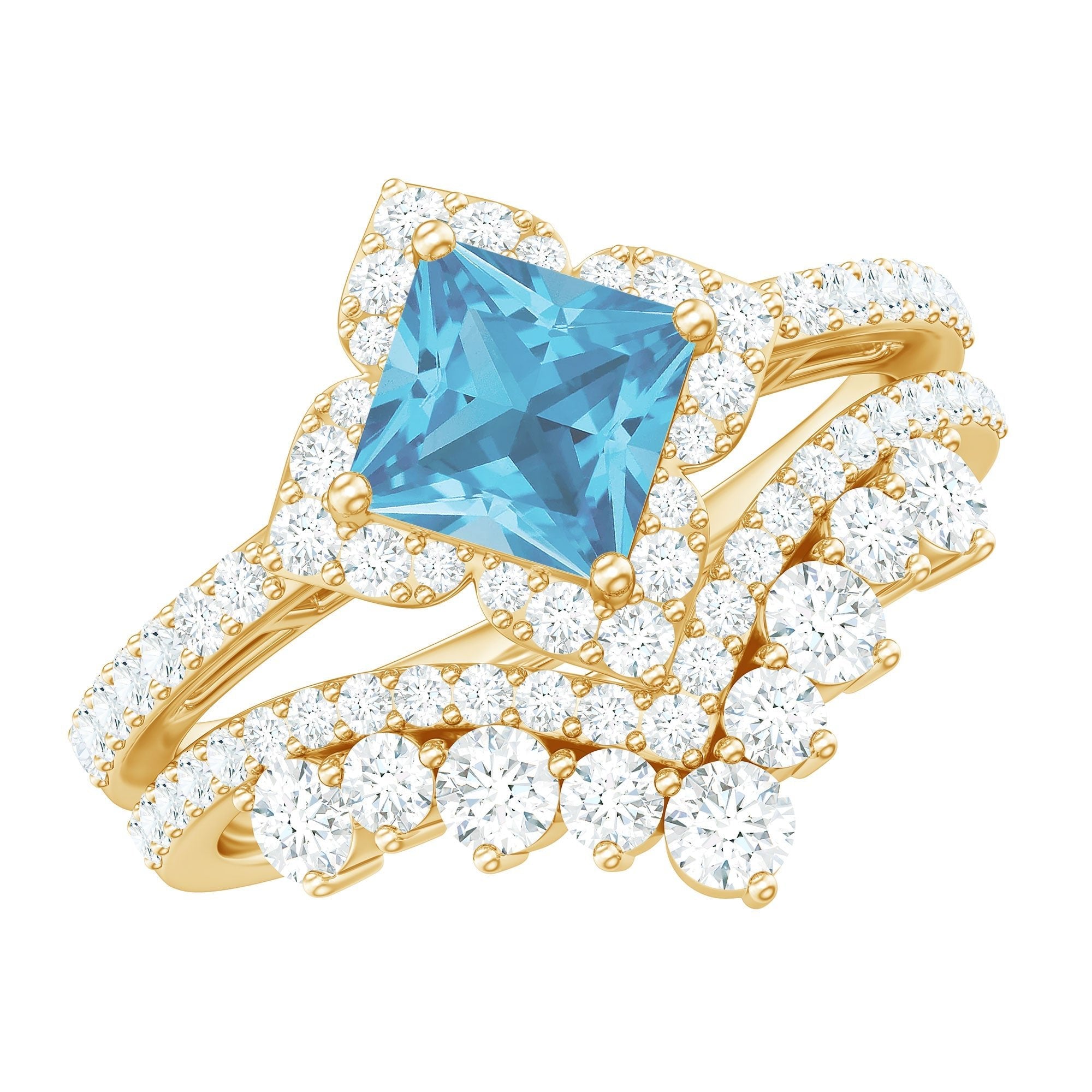 Genuine Princess Cut Swiss Blue Topaz Floral Wedding Ring Set in Silver - Luzilly Bridal & Apparel