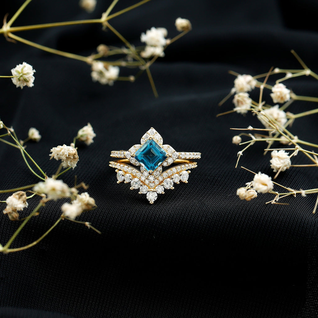 Genuine Princess Cut Swiss Blue Topaz Floral Wedding Ring Set in Silver - Luzilly Bridal & Apparel