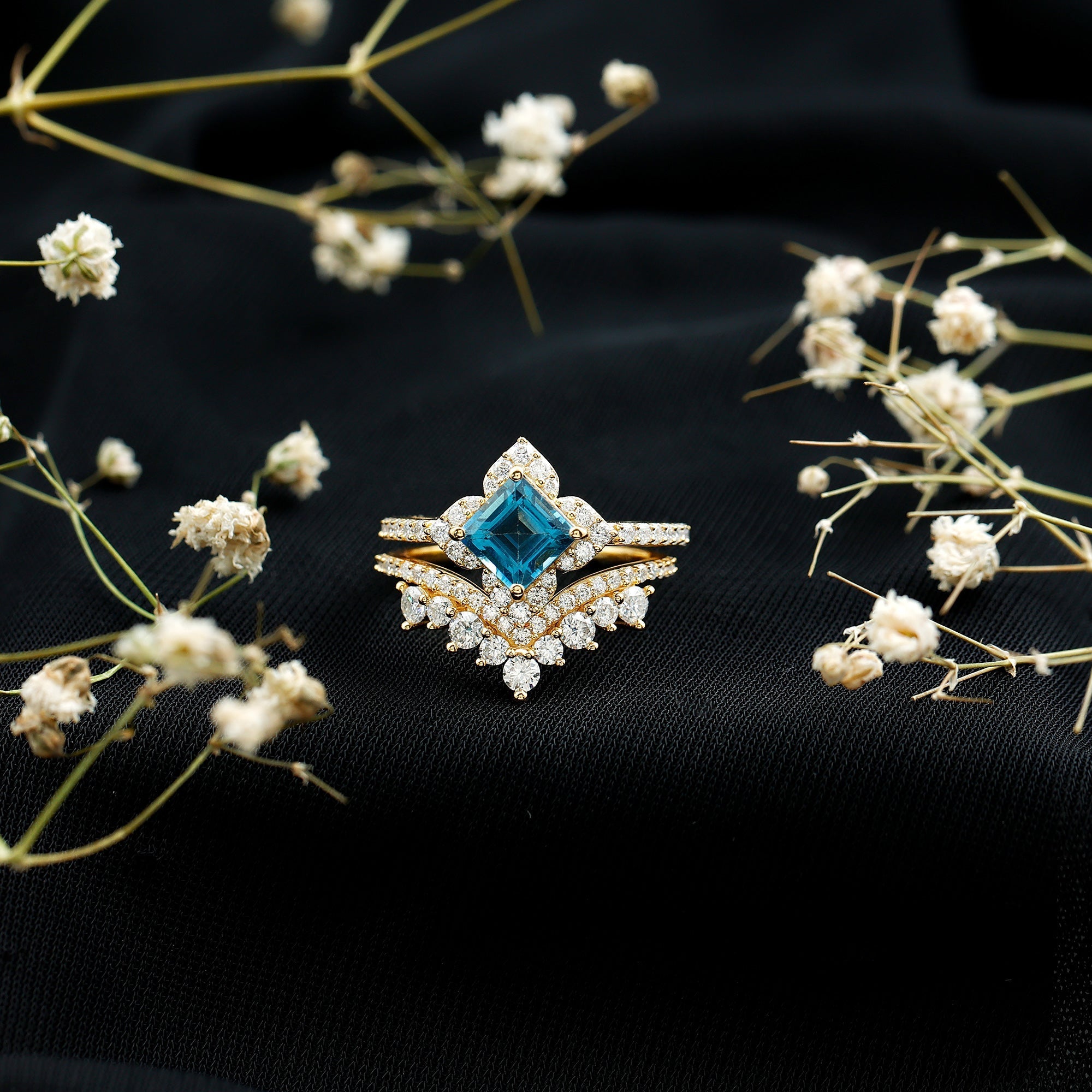 Genuine Princess Cut Swiss Blue Topaz Floral Wedding Ring Set in Silver - Luzilly Bridal & Apparel