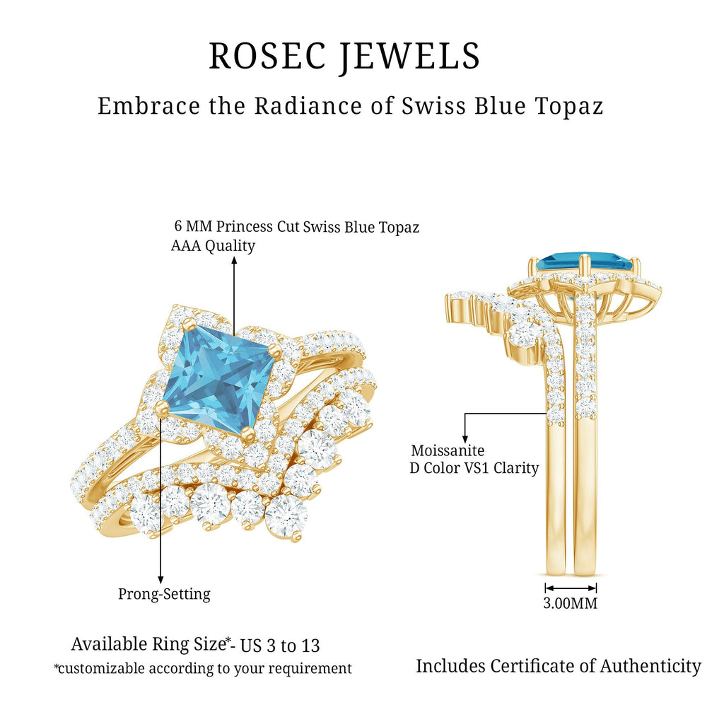 Genuine Princess Cut Swiss Blue Topaz Floral Wedding Ring Set in Silver - Luzilly Bridal & Apparel