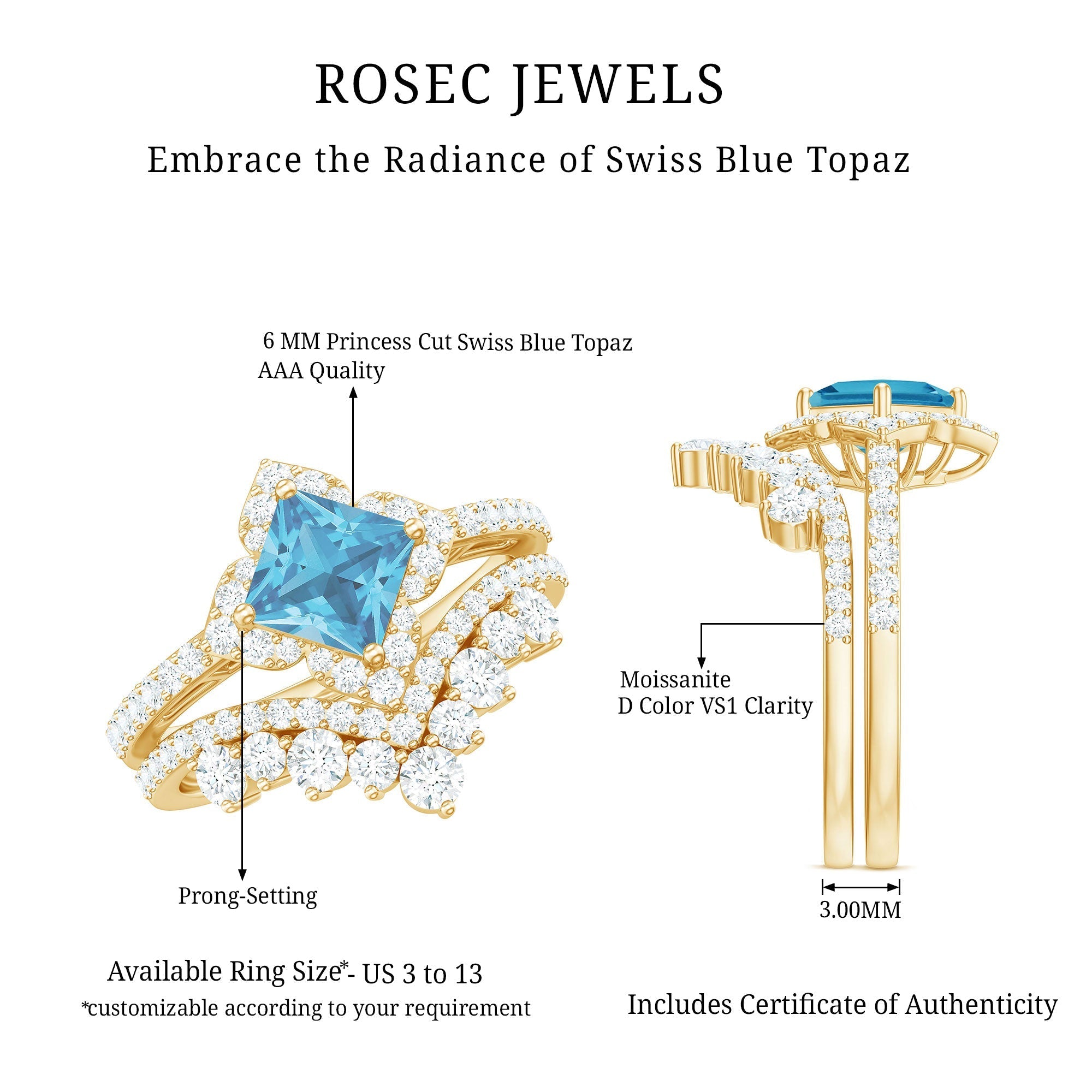 Genuine Princess Cut Swiss Blue Topaz Floral Wedding Ring Set in Silver - Luzilly Bridal & Apparel