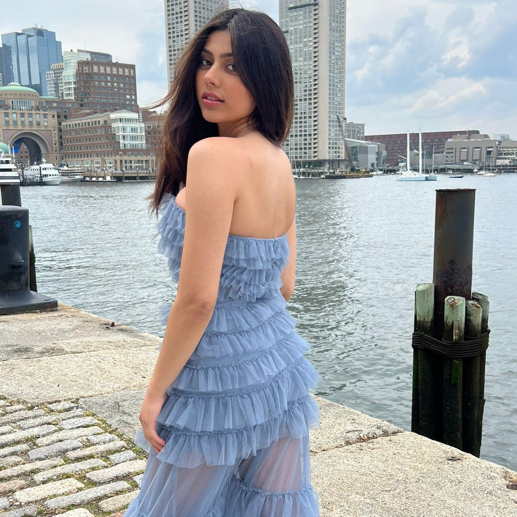 Georgia Maxi Dress - Smoky Blue - Ruffle Tulle Dress With Sheer Detail - Luzilly Bridal & Apparel