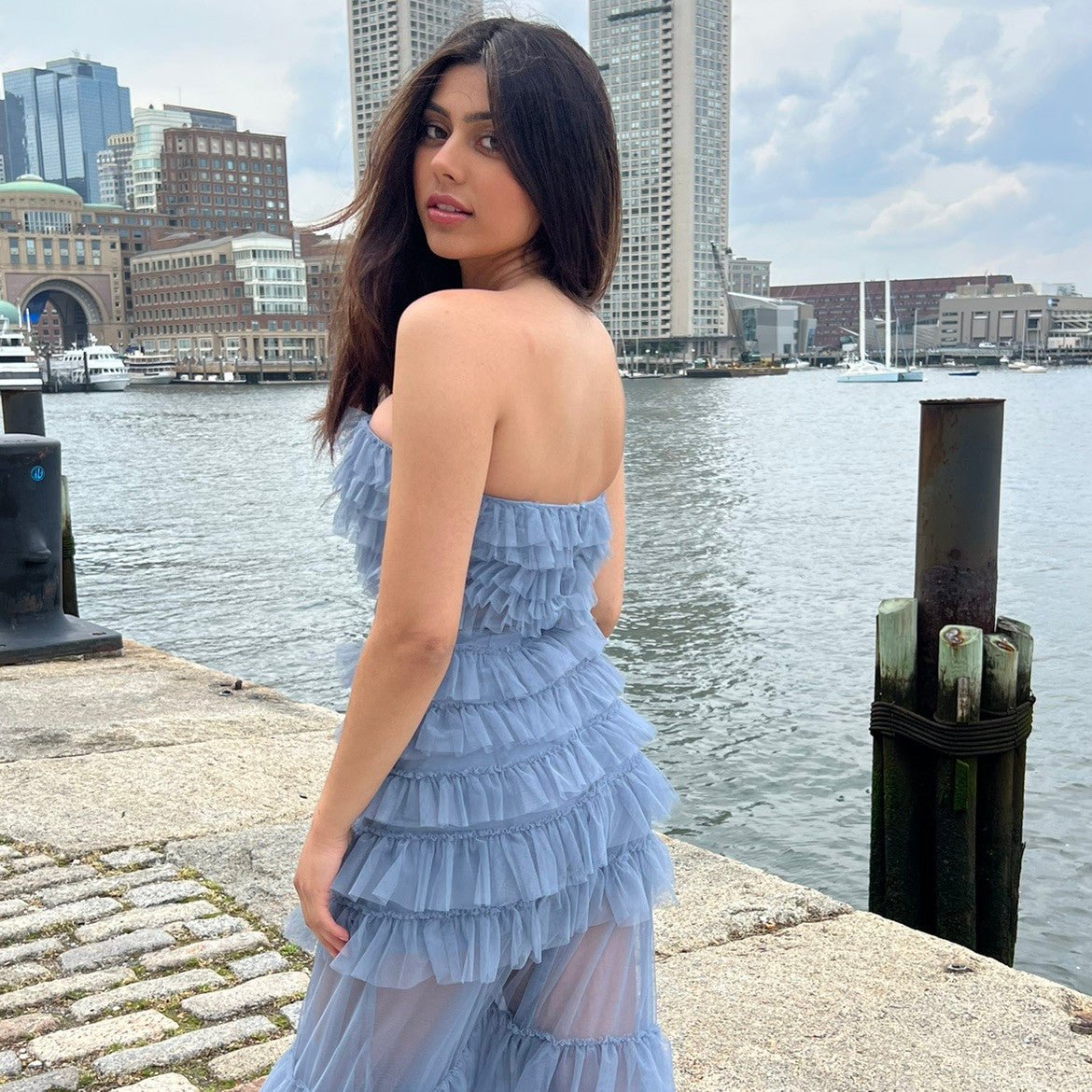 Georgia Maxi Dress - Smoky Blue - Ruffle Tulle Dress With Sheer Detail - Luzilly Bridal & Apparel