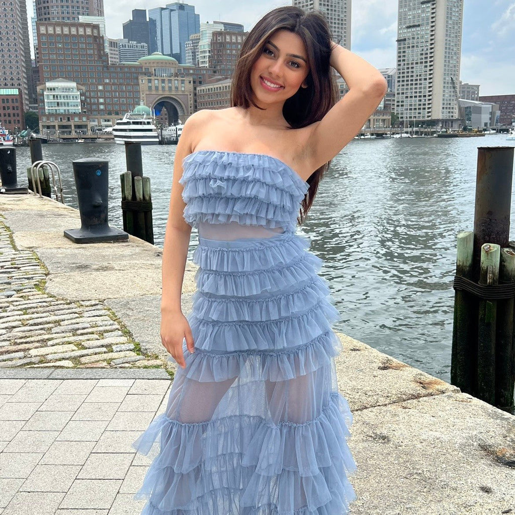 Georgia Maxi Dress - Smoky Blue - Ruffle Tulle Dress With Sheer Detail - Luzilly Bridal & Apparel