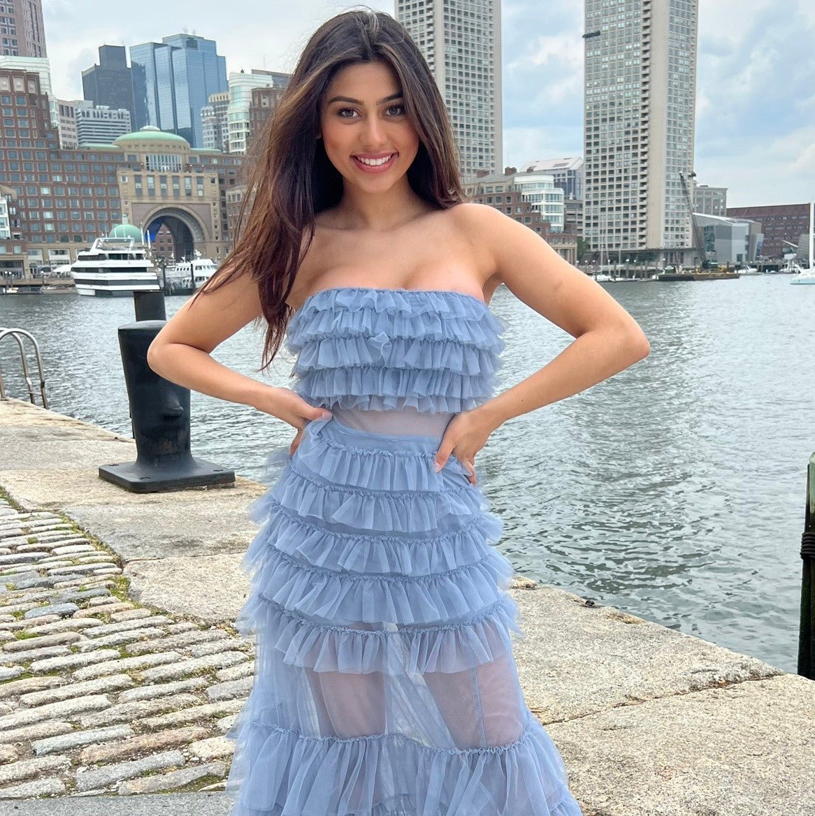 Georgia Maxi Dress - Smoky Blue - Ruffle Tulle Dress With Sheer Detail - Luzilly Bridal & Apparel