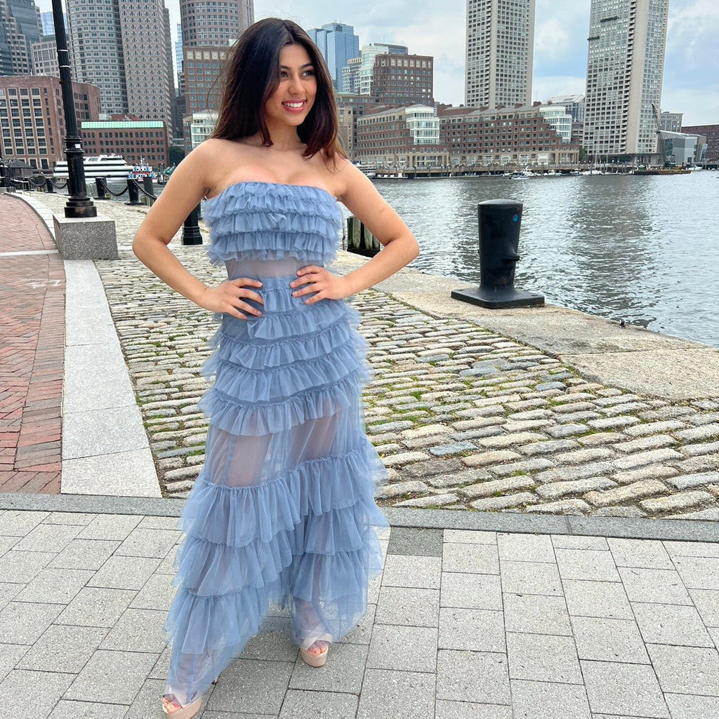 Georgia Maxi Dress - Smoky Blue - Ruffle Tulle Dress With Sheer Detail - Luzilly Bridal & Apparel