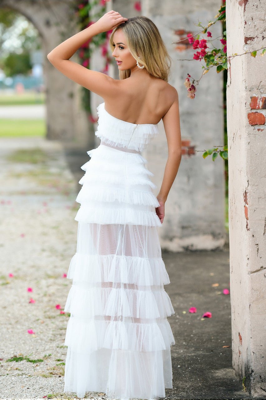 Georgia Maxi Dress - White - Ruffle Tulle Dress With Sheer Detail - Luzilly Bridal & Apparel