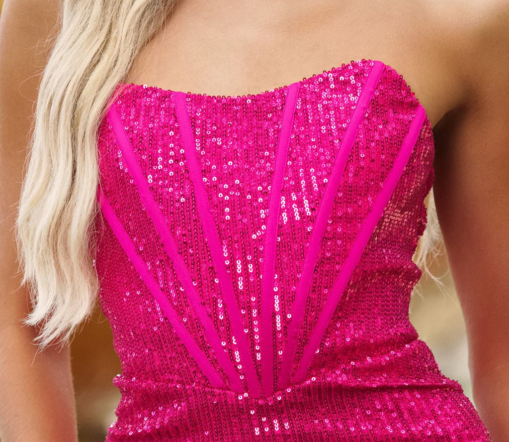 Gia Mini Dress - Corset Cocktail Dress - Fuchsia Sequin - Luzilly Bridal & Apparel