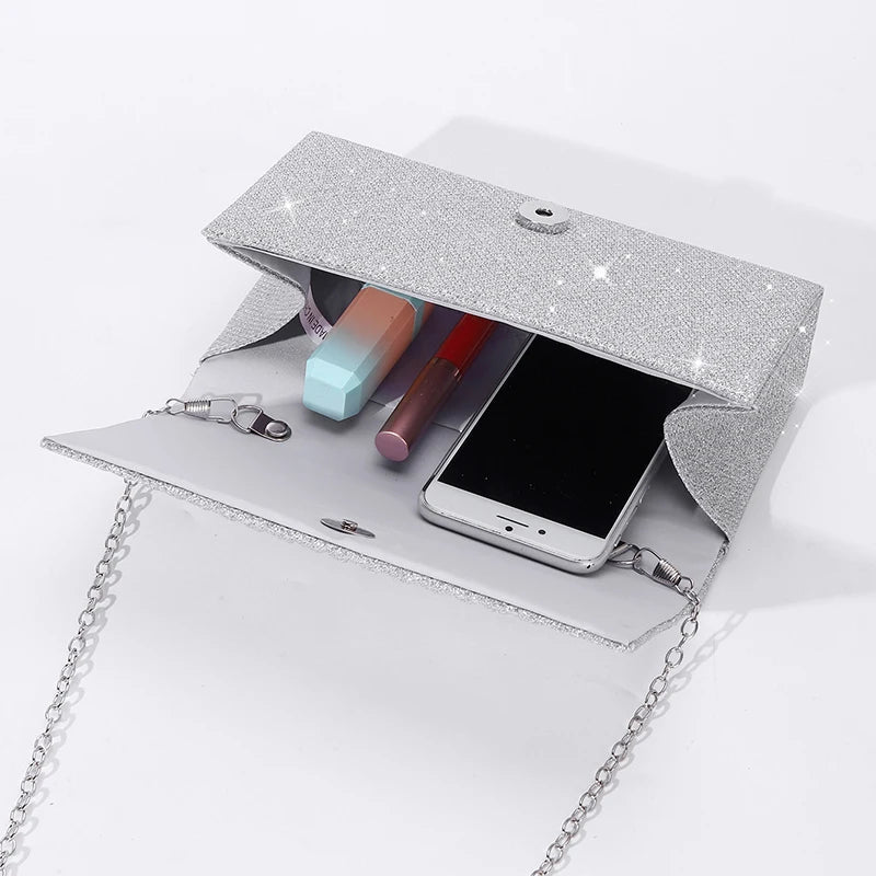 Glitter Envelope Evening Bag with Chain - Luzilly Bridal & Apparel