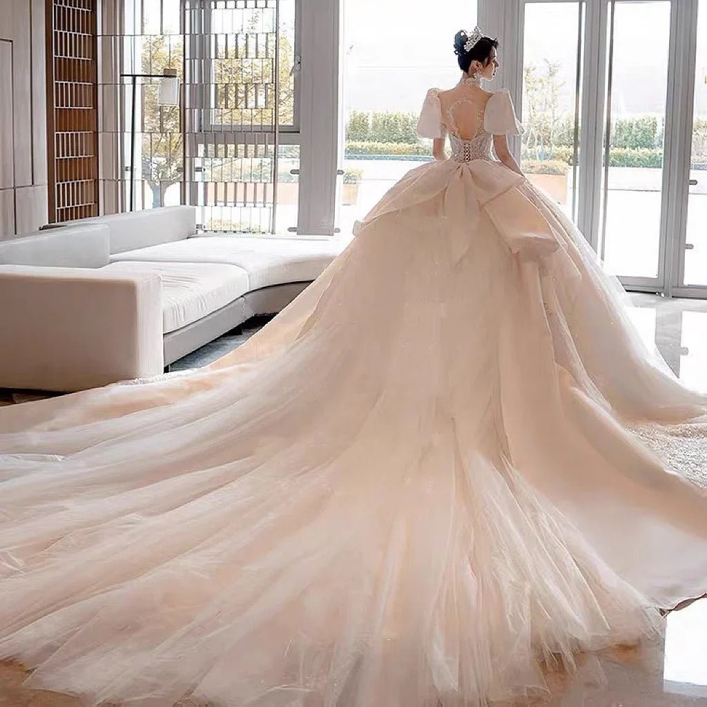 Glitter Satin Wedding Dress With High Neck EDL54 - Luzilly Bridal & Apparel