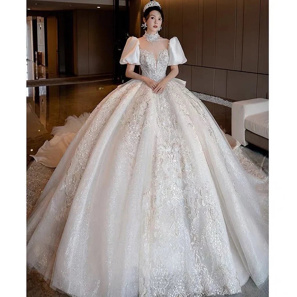 Glitter Satin Wedding Dress With High Neck EDL54 - Luzilly Bridal & Apparel