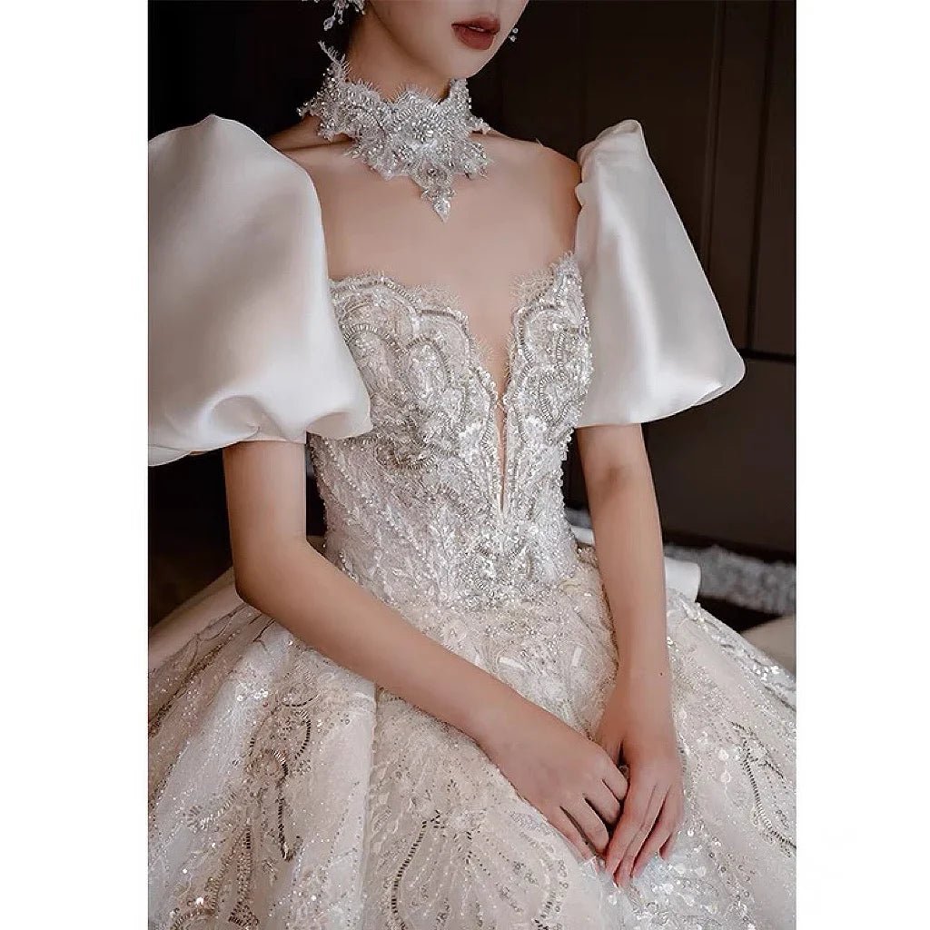 Glitter Satin Wedding Dress With High Neck EDL54 - Luzilly Bridal & Apparel