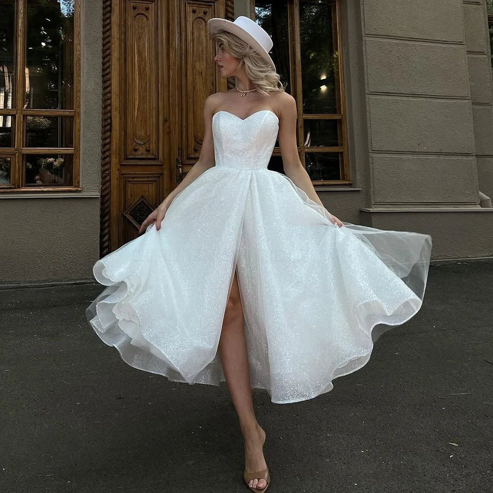 Glitter Tea Length Wedding Dress with Pockets - Luzilly Bridal & Apparel