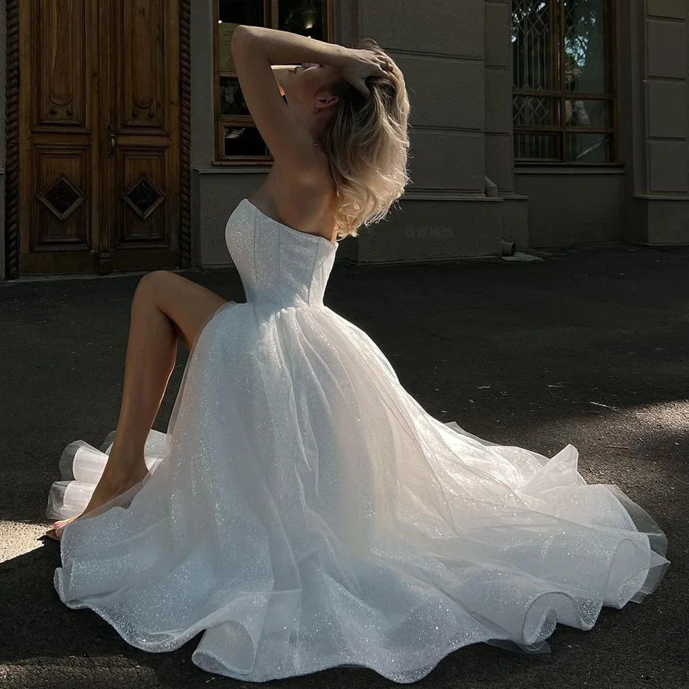 Glitter Tea Length Wedding Dress with Pockets - Luzilly Bridal & Apparel