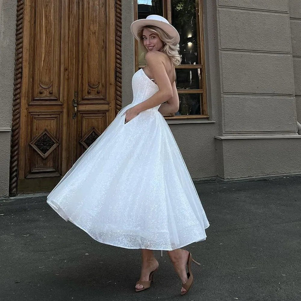 Glitter Tea Length Wedding Dress with Pockets - Luzilly Bridal & Apparel