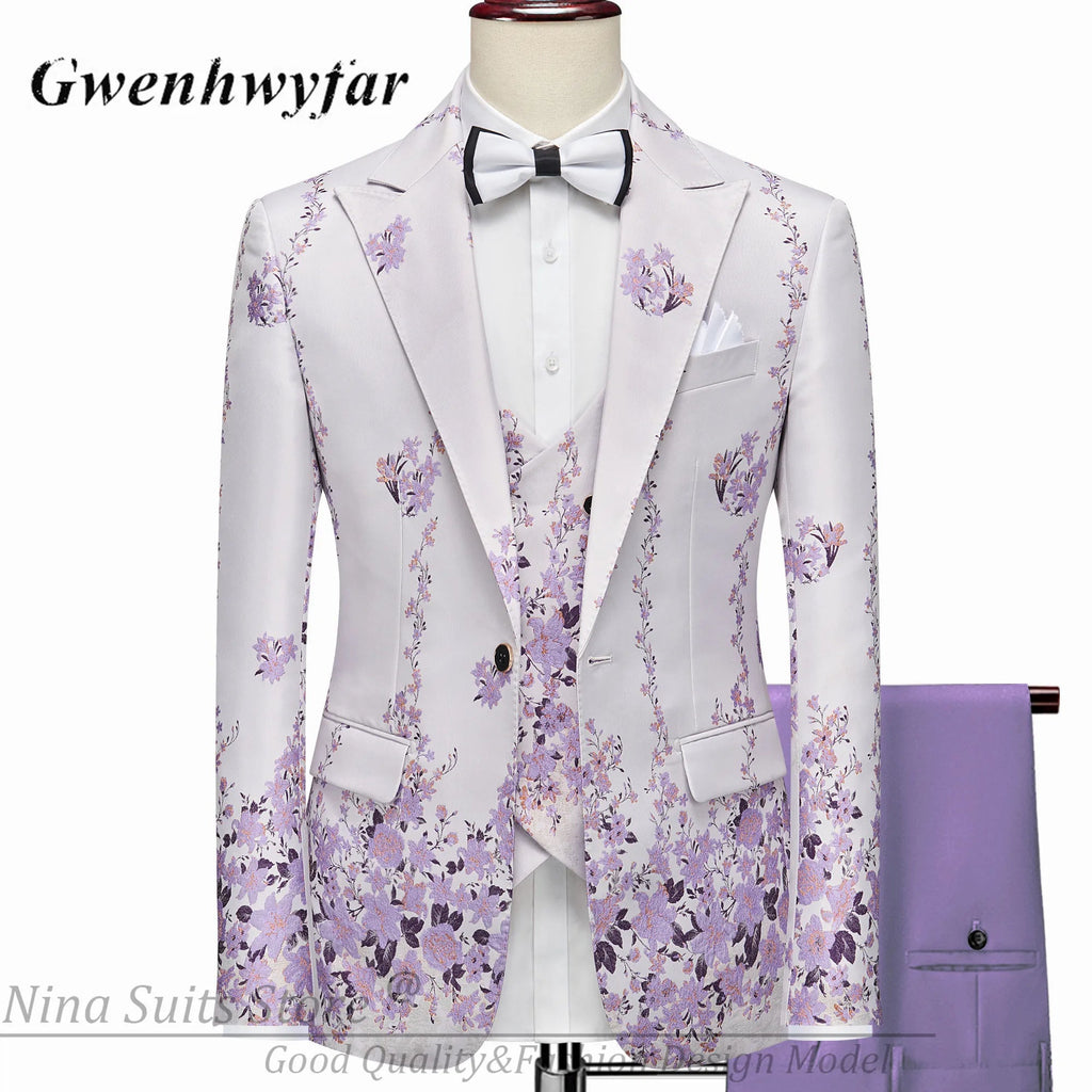 G&N 2026 New Series Men Suits Blazer Beautiful Lilac Purple Floral Pattern Tuxedos 3 Pieces Formal Party Costume Homme Slim Fit - Luzilly Bridal & Apparel