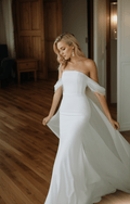 Goddess off-the-shoulder Simple Satin Wedding Dress small train with Tulle Ribbon - Luzilly Bridal & Apparel