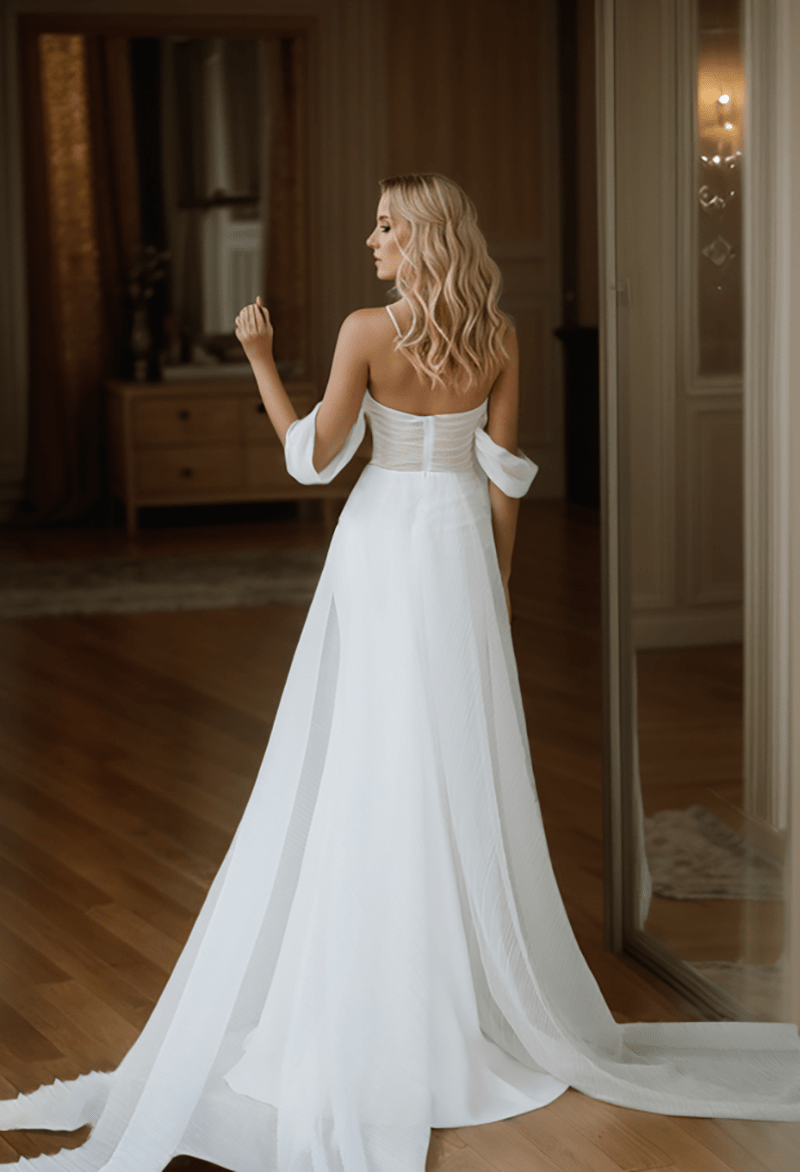 Goddess off-the-shoulder Simple Satin Wedding Dress small train with Tulle Ribbon - Luzilly Bridal & Apparel