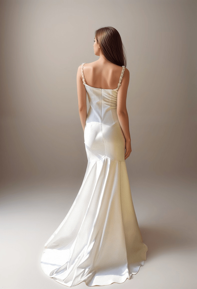 Goddess Style Pearl Beaded Spaghetti-straps Mermaid Satin wedding dress small train - Luzilly Bridal & Apparel