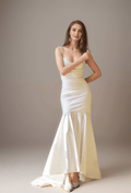 Goddess Style Pearl Beaded Spaghetti-straps Mermaid Satin wedding dress small train - Luzilly Bridal & Apparel