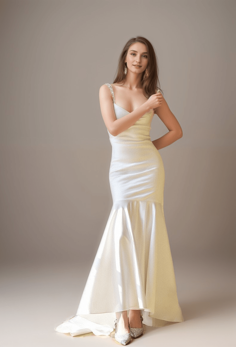 Goddess Style Pearl Beaded Spaghetti-straps Mermaid Satin wedding dress small train - Luzilly Bridal & Apparel