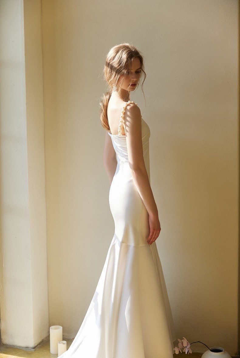 Goddess Style Pearl Beaded Spaghetti-straps Mermaid Satin wedding dress small train - Luzilly Bridal & Apparel