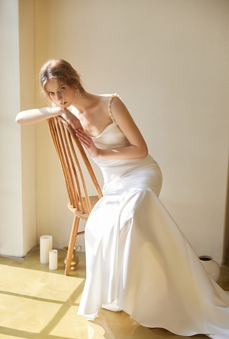 Goddess Style Pearl Beaded Spaghetti-straps Mermaid Satin wedding dress small train - Luzilly Bridal & Apparel