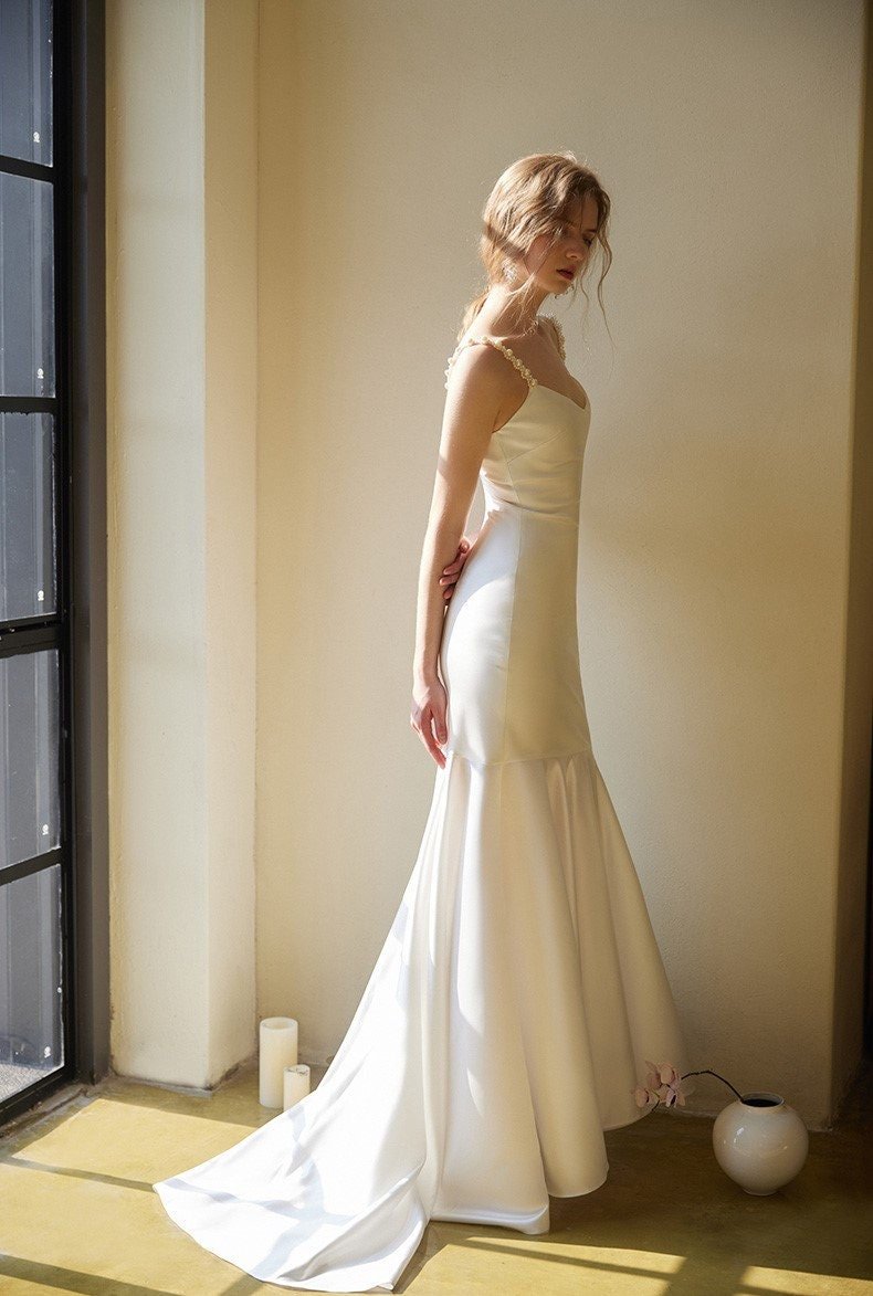 Goddess Style Pearl Beaded Spaghetti-straps Mermaid Satin wedding dress small train - Luzilly Bridal & Apparel