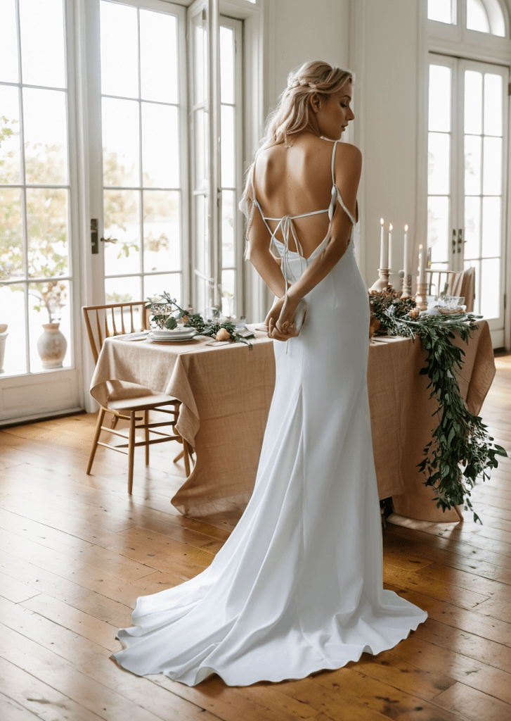 Goddess tie back Spaghetti-straps Mermaid satin wedding dress small train - Luzilly Bridal & Apparel