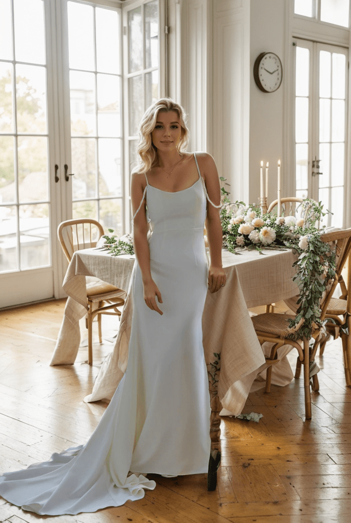 Goddess tie back Spaghetti-straps Mermaid satin wedding dress small train - Luzilly Bridal & Apparel