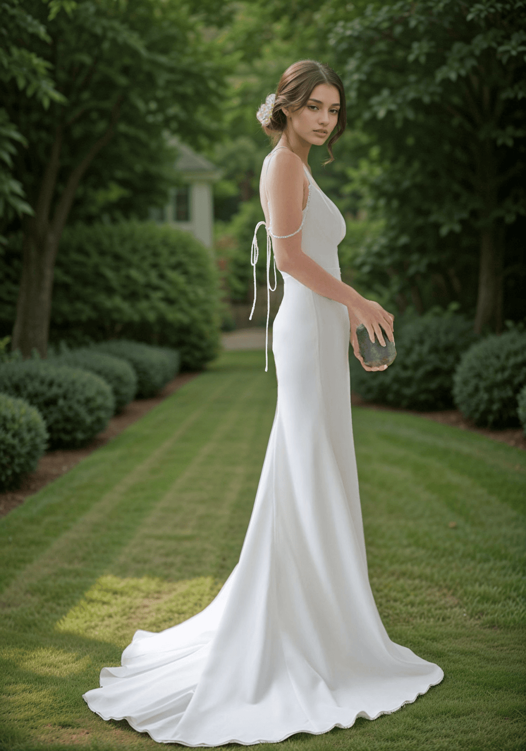 Goddess tie back Spaghetti-straps Mermaid satin wedding dress small train - Luzilly Bridal & Apparel