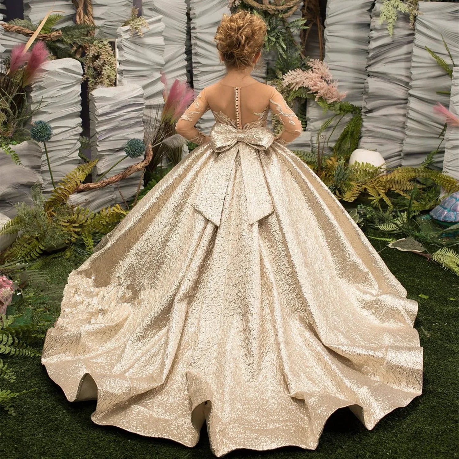 Gold Big Bow Appliqué Flower Girl Dress - Luzilly Bridal & Apparel