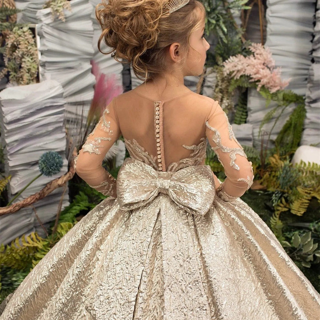 Gold Big Bow Appliqué Flower Girl Dress - Luzilly Bridal & Apparel